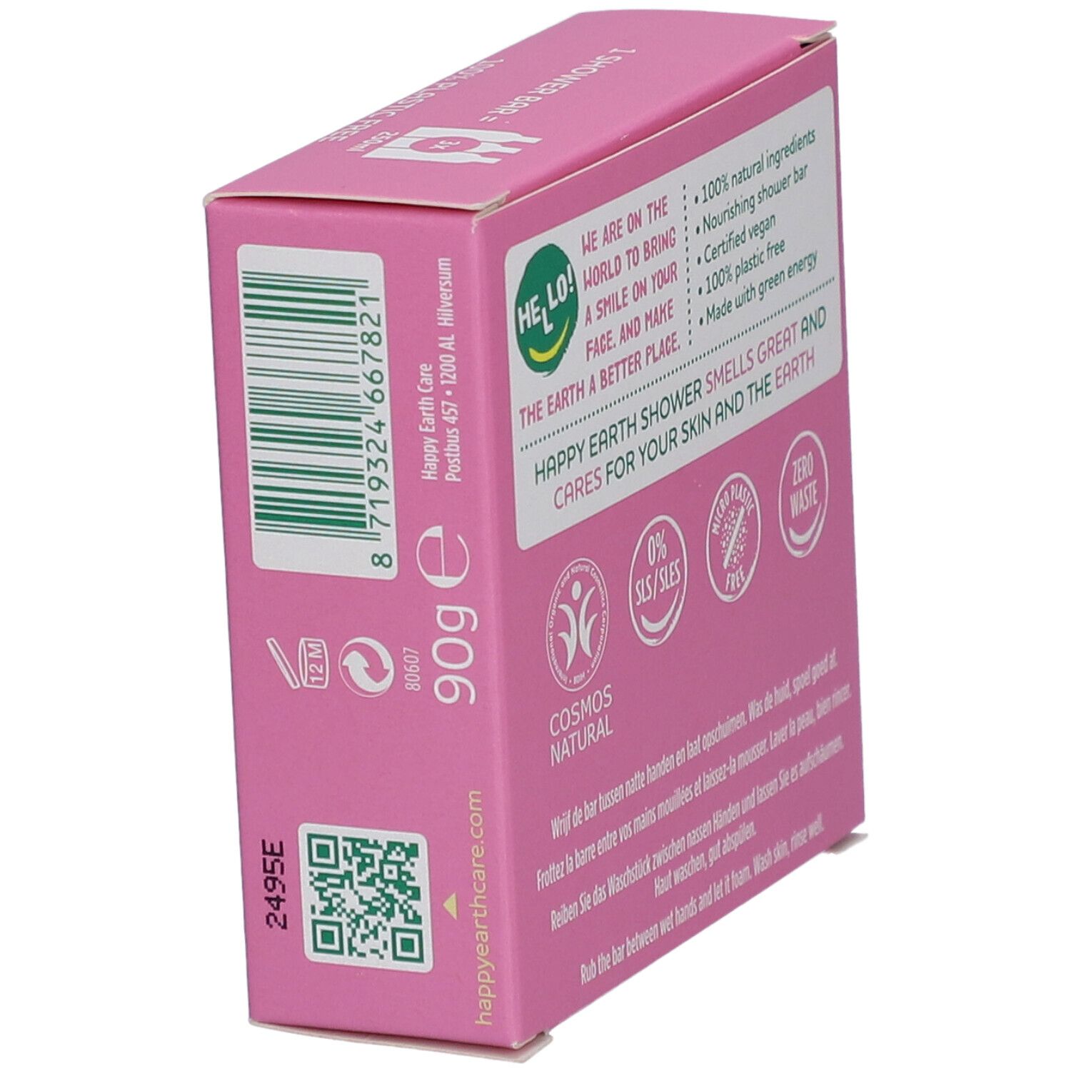 Boîte, dos. Texte : HAPPY EARTH SHOWER, COSMOS NATURAL, ZERO WASTE, 90g.