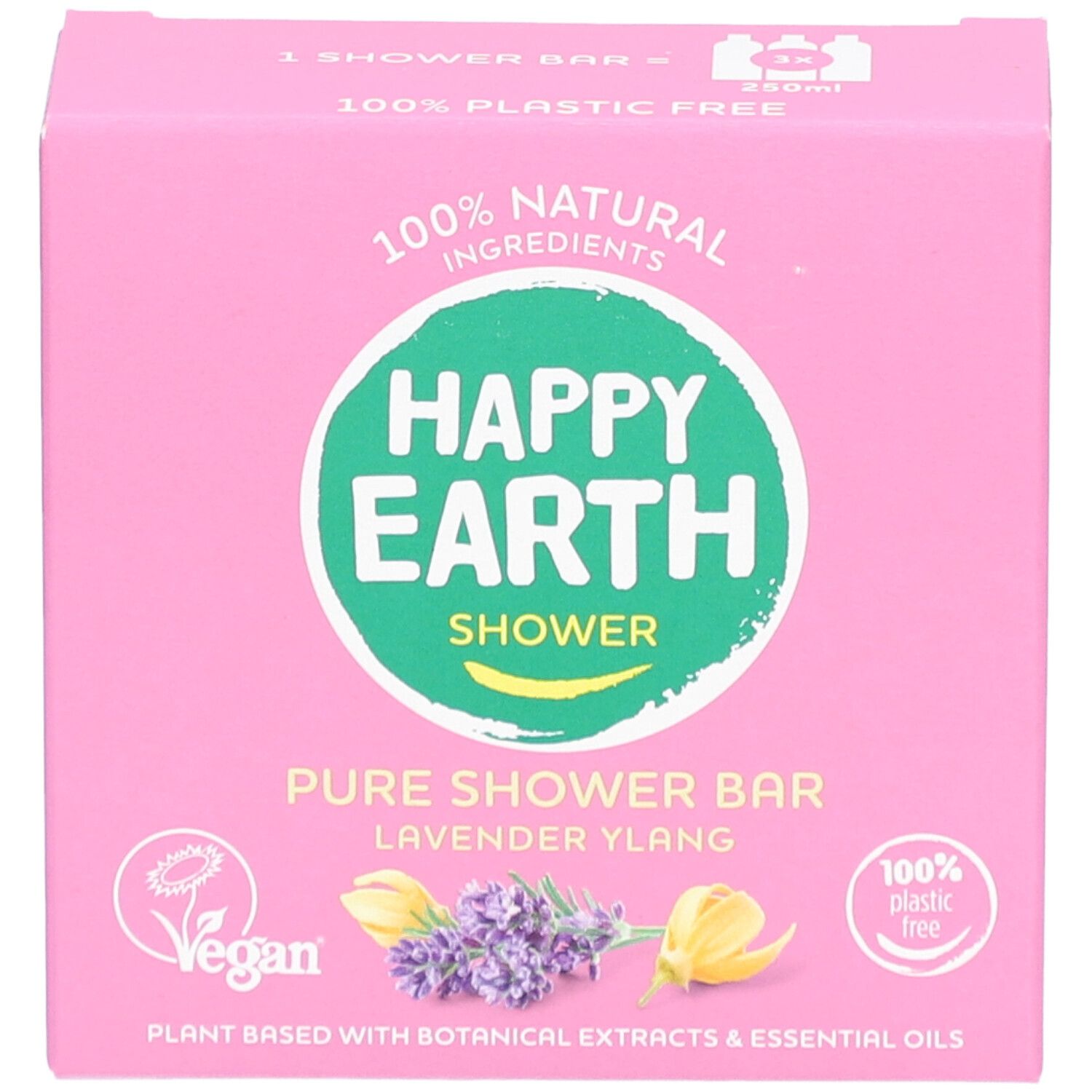 Boîte rose avec inscription : HAPPY EARTH, PURE SHOWER BAR, Lavande Ylang. Logo Vegan.
