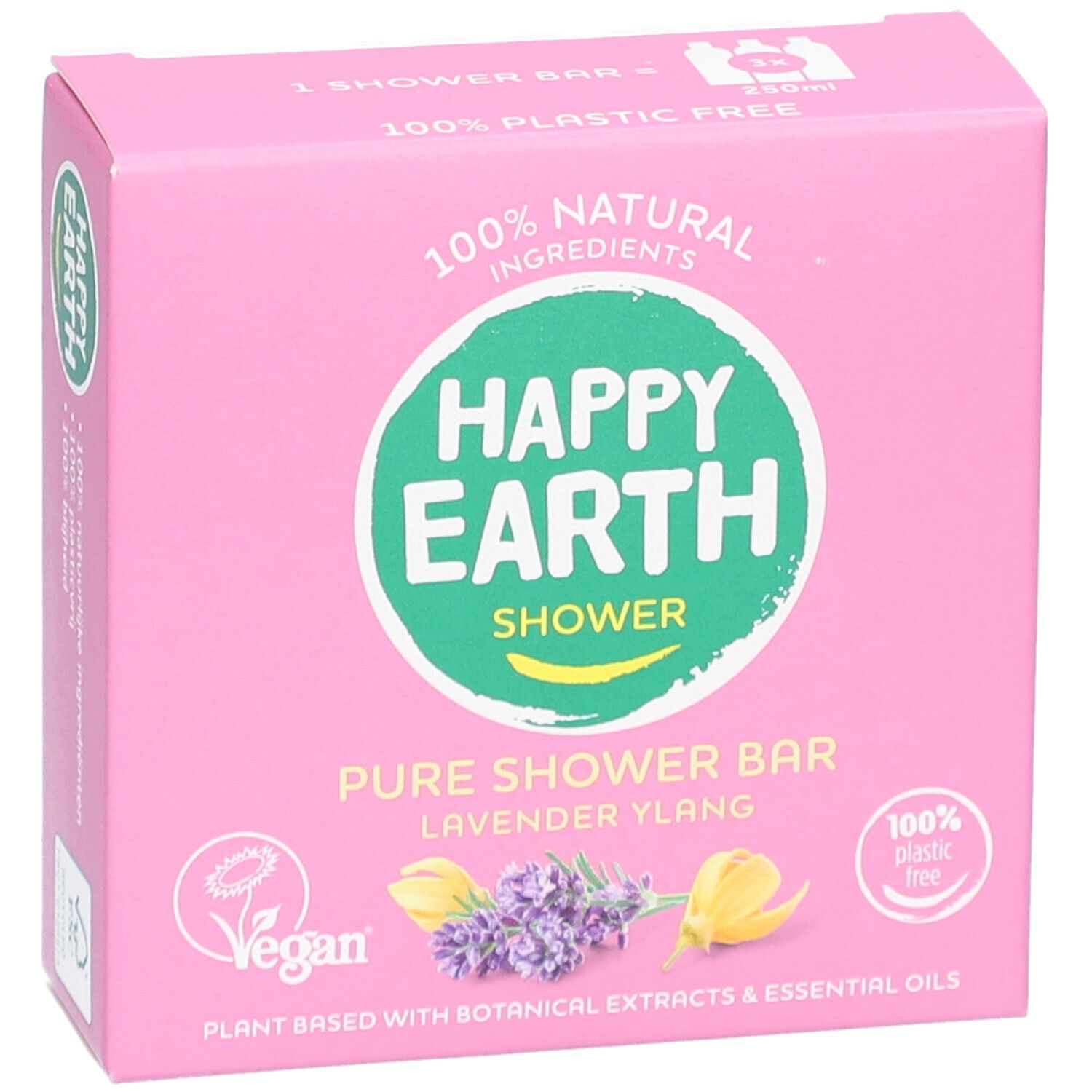 Boîte rose avec inscription : HAPPY EARTH, PURE SHOWER BAR, Lavande Ylang. Logo Vegan.
