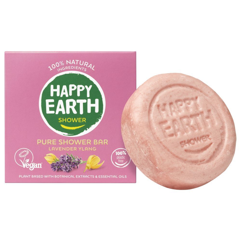 Boîte rose et galet de douche. Inscription : HAPPY EARTH, PURE SHOWER BAR, Lavande Ylang.