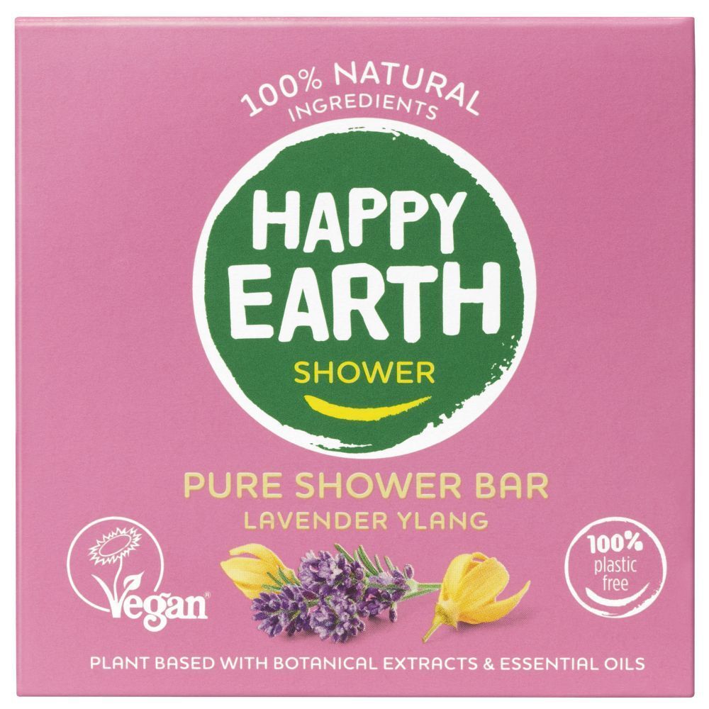 Boîte rose avec inscription : HAPPY EARTH, PURE SHOWER BAR, Lavande Ylang. Logo Vegan.