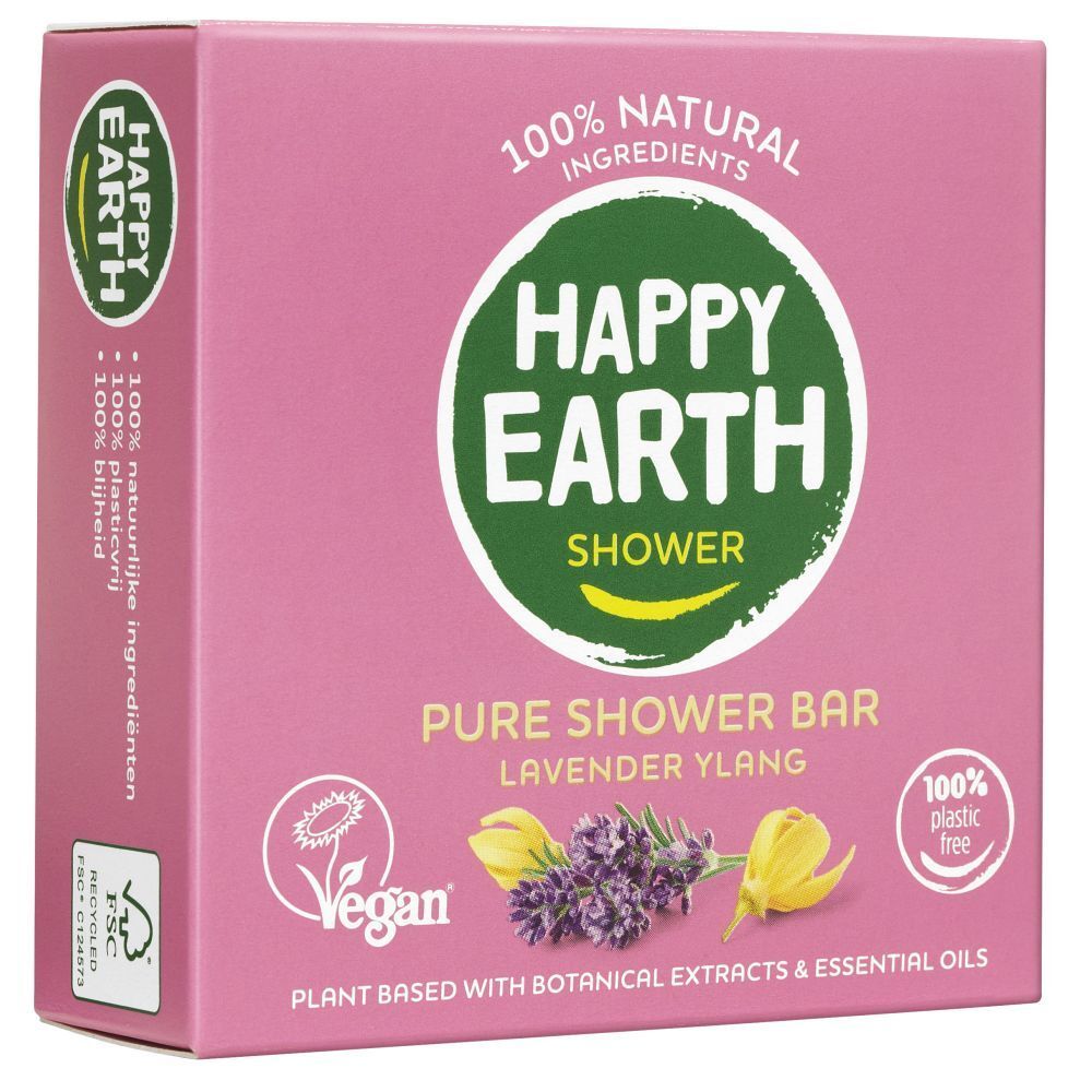 Boîte rose avec inscription : HAPPY EARTH, PURE SHOWER BAR, Lavande Ylang. Logo Vegan.