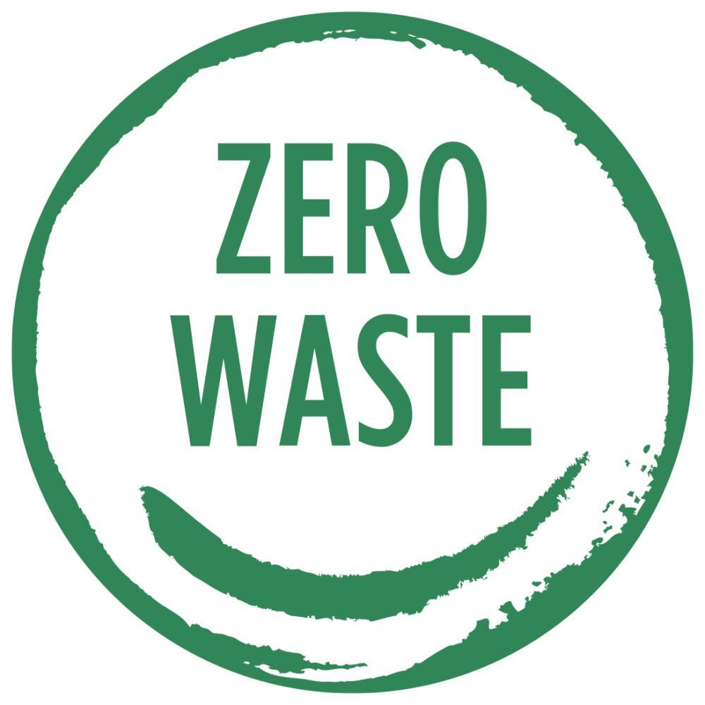 Logo vert avec texte : ZERO WASTE. Symbole de réduction des déchets.