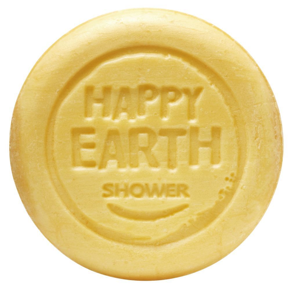 Savon rond jaune avec inscription en relief HAPPY EARTH SHOWER.
