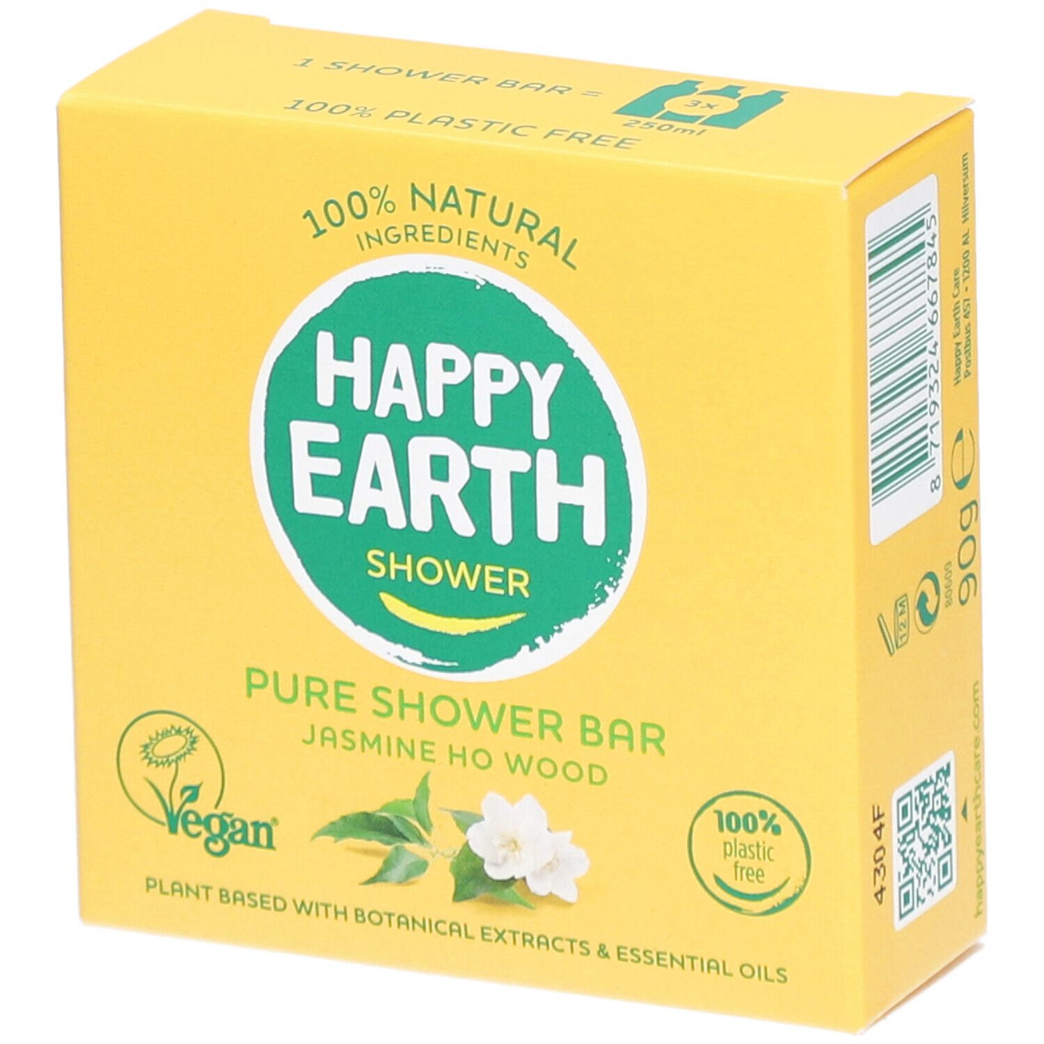 Boîte jaune avec HAPPY EARTH SHOWER, Pure Shower Bar, Jasmin Ho Wood. Logo Vegan, 100% sans plastique.