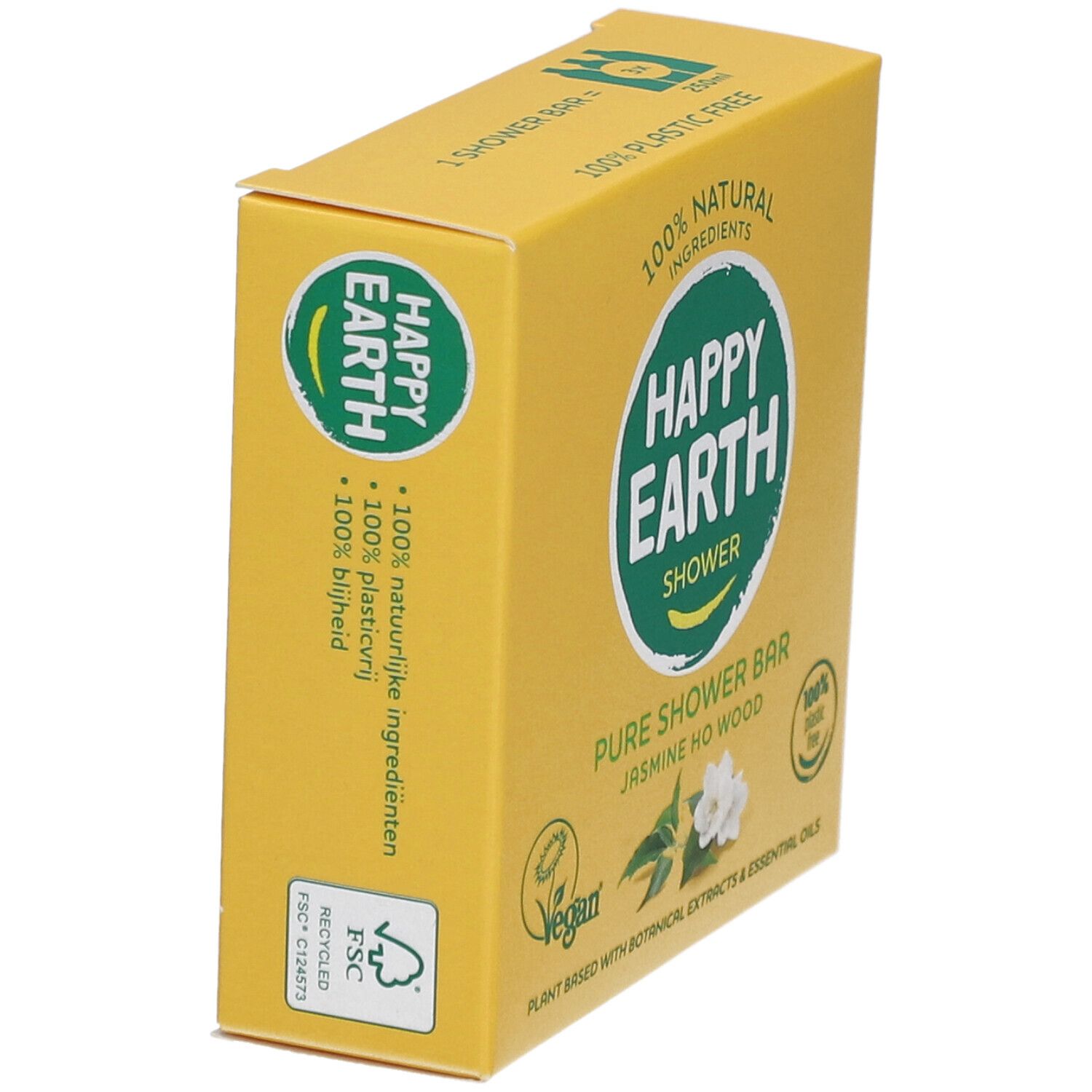 Boîte jaune avec HAPPY EARTH SHOWER, Pure Shower Bar, Jasmin Ho Wood. Logo Vegan, 100% sans plastique.