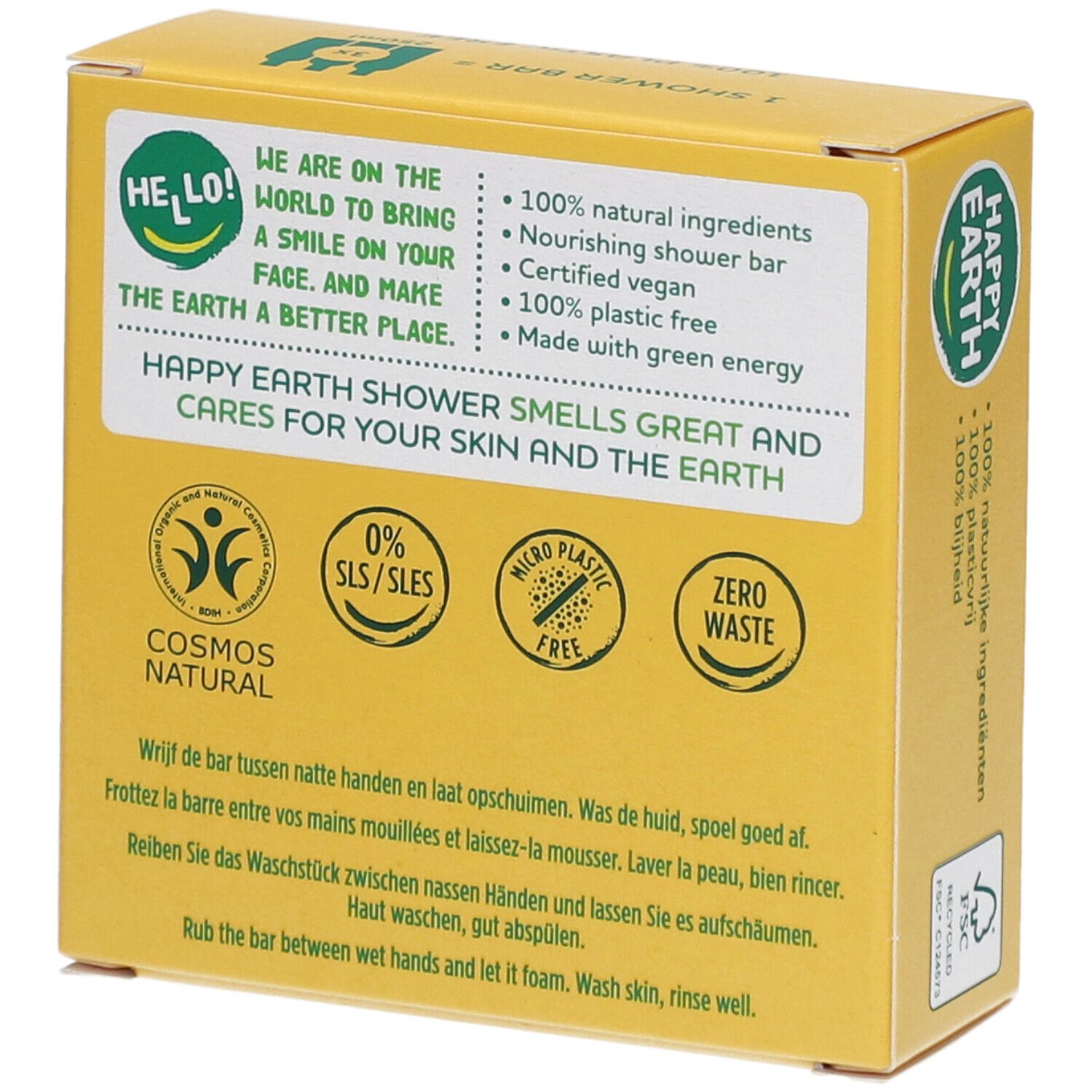 Dos d'une boîte jaune avec texte et logos : COSMOS NATURAL, Zero Waste, 0% SLS/SLES.