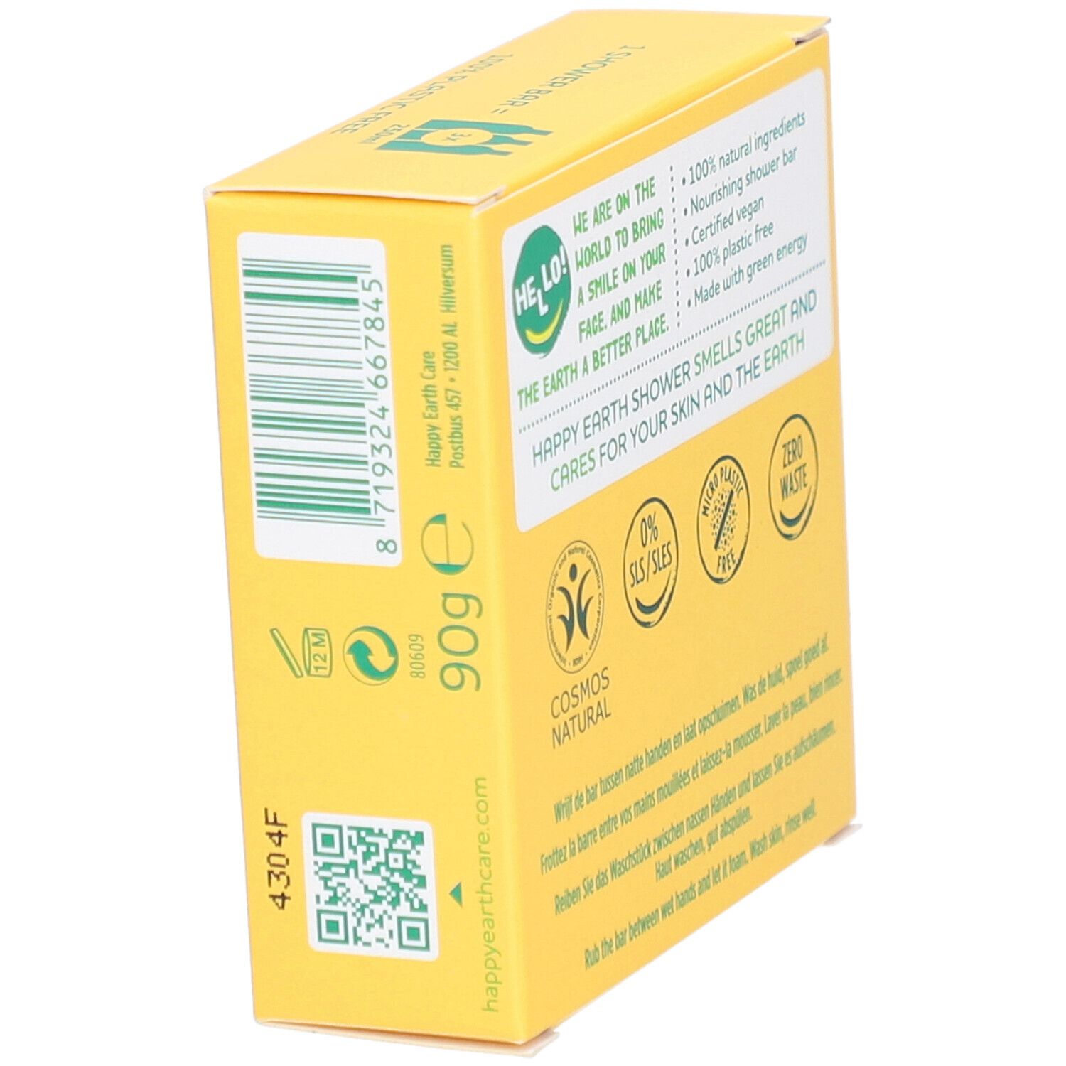 Boîte jaune avec texte et logos : COSMOS NATURAL, Zero Waste, 0% SLS/SLES. 90g.
