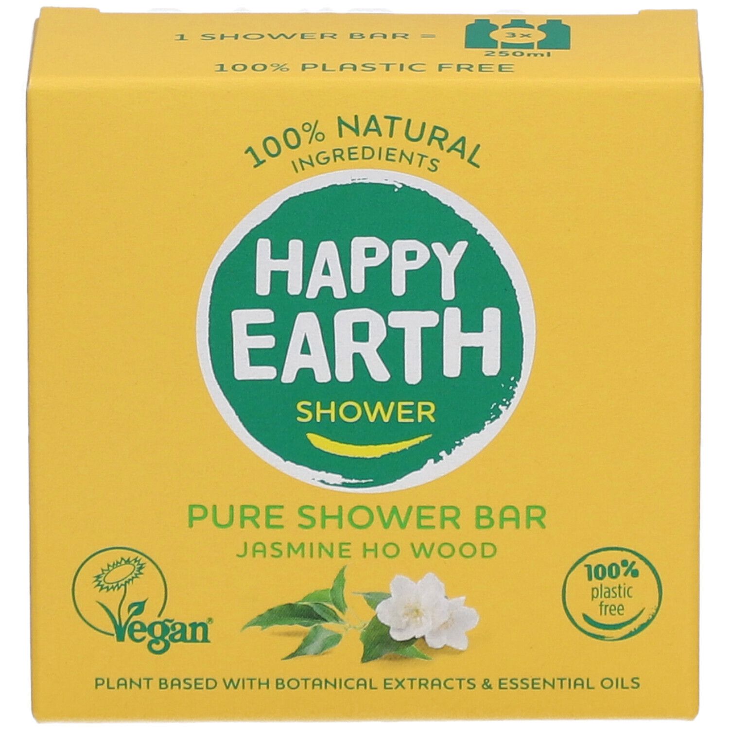 Boîte jaune avec HAPPY EARTH SHOWER, Pure Shower Bar, Jasmin Ho Wood. Logo Vegan, 100% sans plastique.