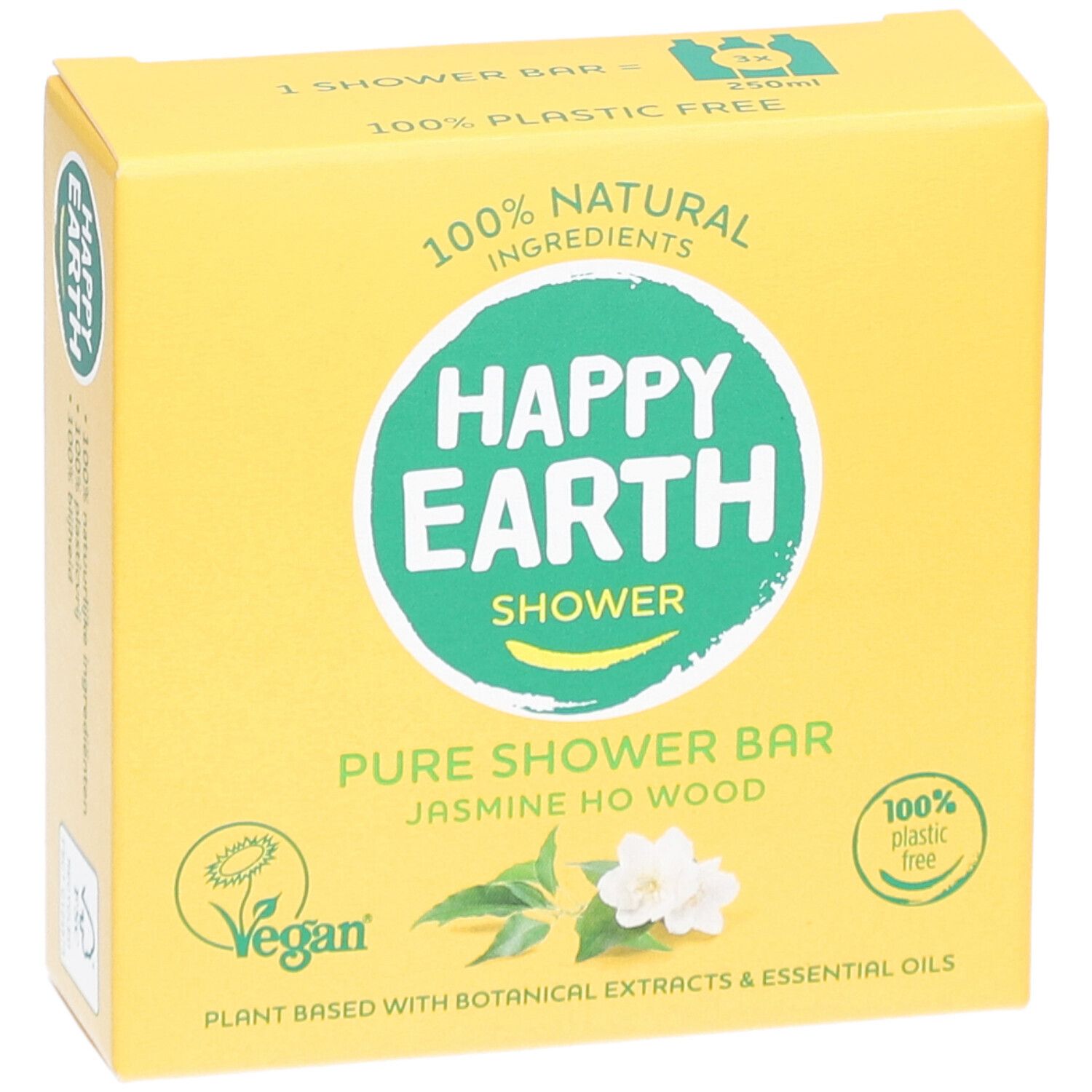 Boîte jaune avec HAPPY EARTH SHOWER, Pure Shower Bar, Jasmin Ho Wood. Logo Vegan, 100% sans plastique.