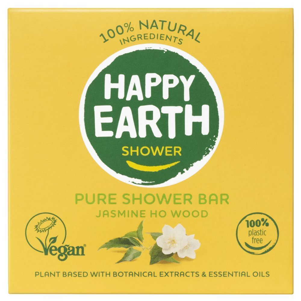 Boîte jaune avec HAPPY EARTH SHOWER, Pure Shower Bar, Jasmin Ho Wood. Logo Vegan, 100% sans plastique.