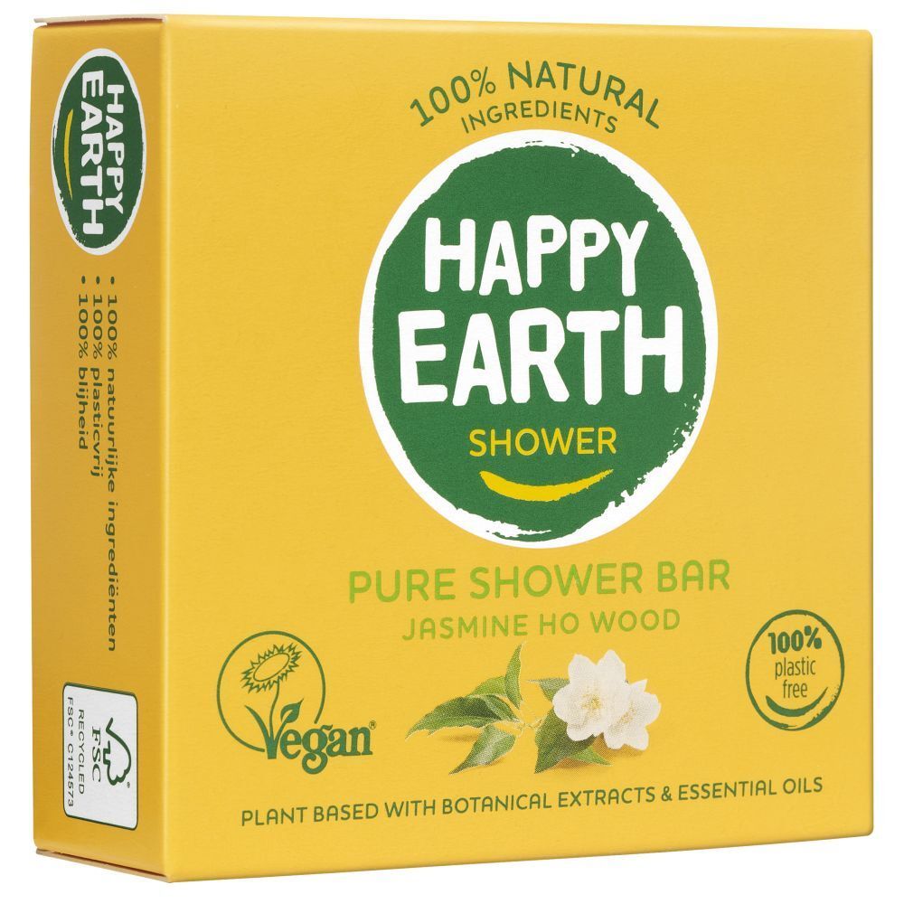 Boîte jaune avec HAPPY EARTH SHOWER, Pure Shower Bar, Jasmin Ho Wood. Logo Vegan, 100% sans plastique.