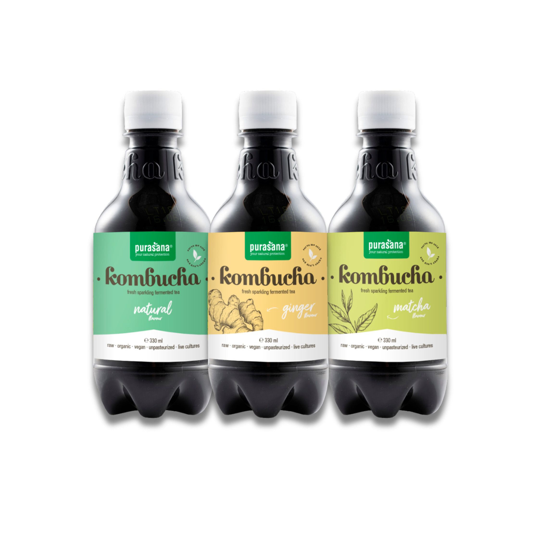 Trois bouteilles de kombucha. Étiquettes : natural, ginger, matcha. Marque Purasana. Certification bio.