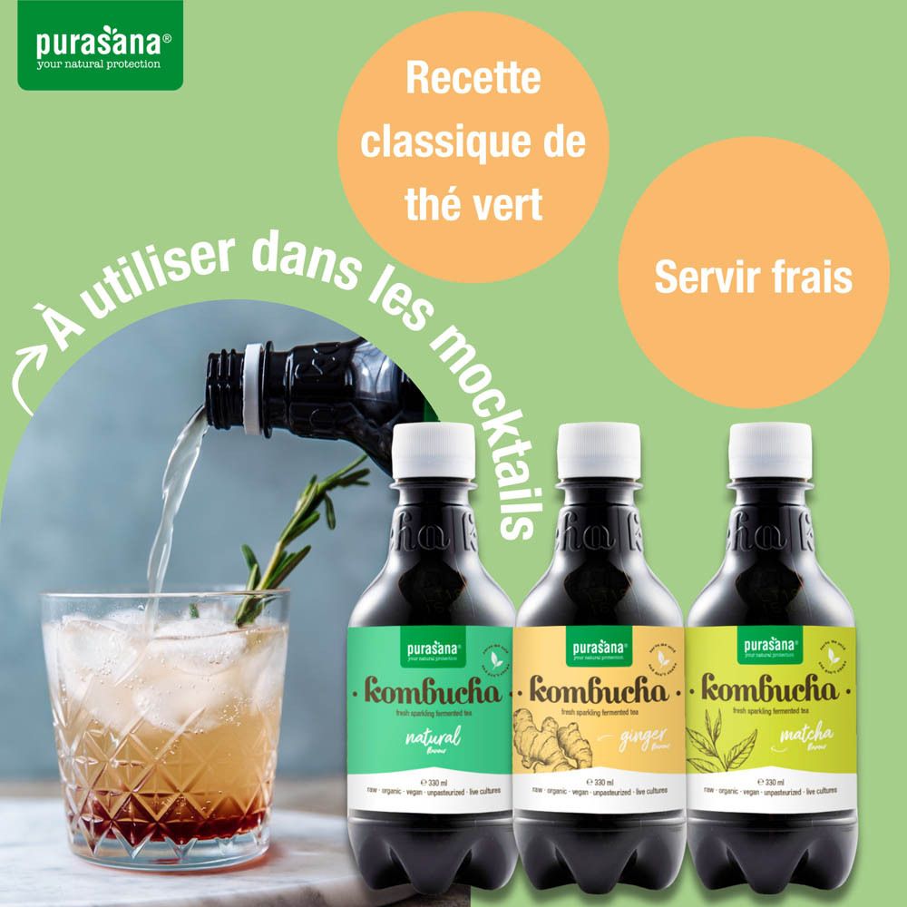 Trois bouteilles de kombucha près d'un verre. Texte : recette de mocktails. Marque Purasana. Certification bio.