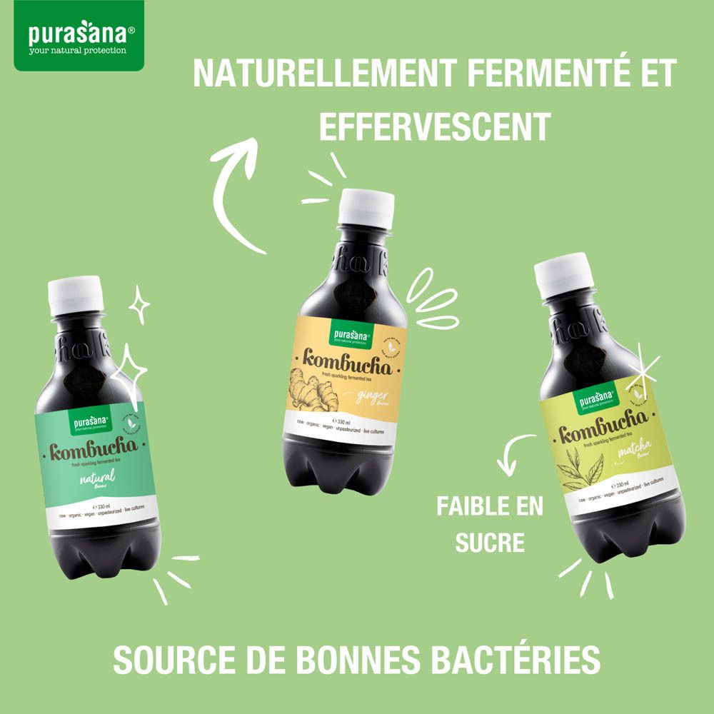Trois bouteilles de kombucha. Texte : naturellement fermenté et effervescent, faible en sucre, source de bonnes bactéries. Purasana.