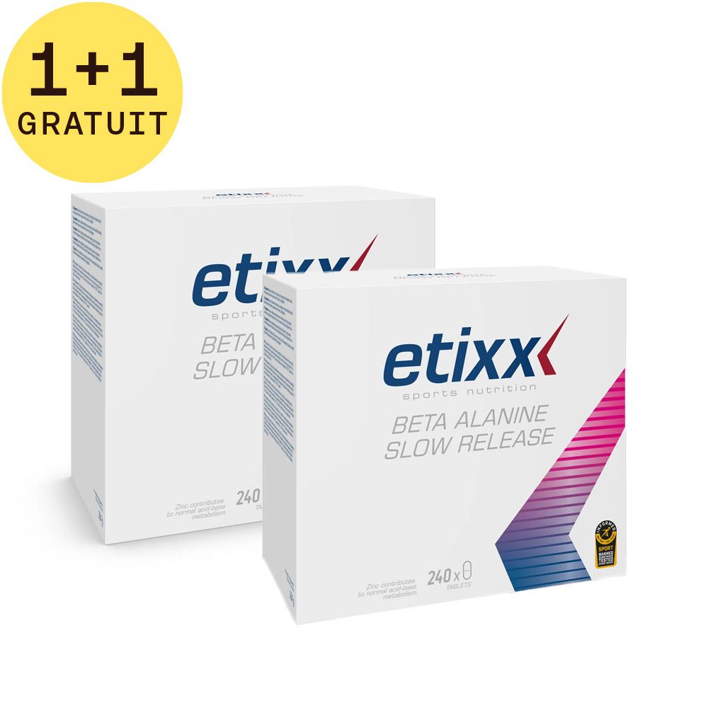Deux boîtes blanches avec logo Etixx et texte Beta Alanine Slow Release. Inscription 240. Cercle jaune avec texte 1+1 GRATUIT.