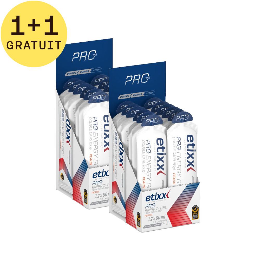 Deux présentoirs de Etixx Pro Line Energy Gel Double Carb Pêche. Inscription : 1+1 gratuit. Emballages de gel blancs.