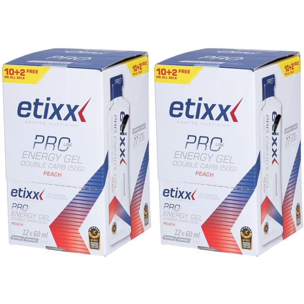 Deux boîtes de Etixx Pro Line Energy Gel Double Carb Pêche. Inscription : 10+2 gratuits. Emballage bleu, rouge et blanc.