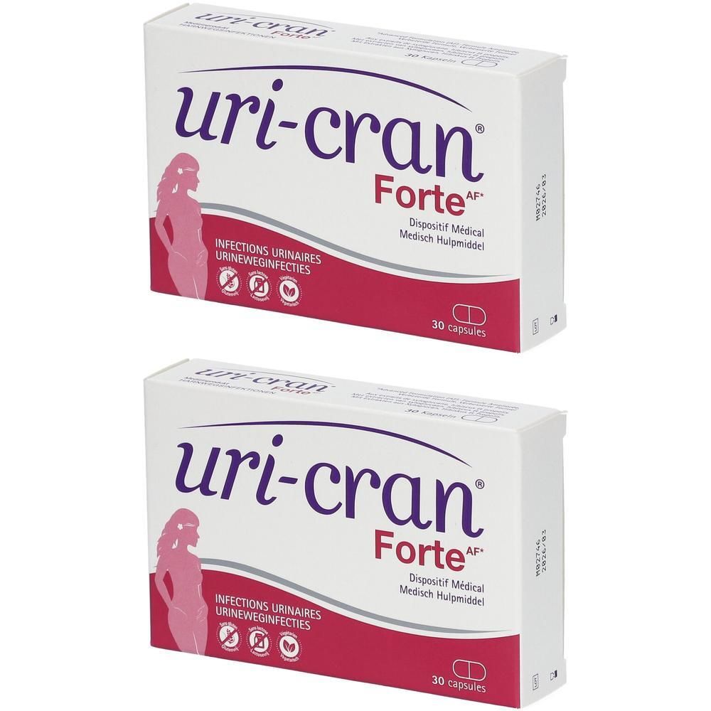 Deux boîtes de Uri-Cran Forte. Emballage blanc avec texte violet et image d'une femme. Contient 30 gélules.