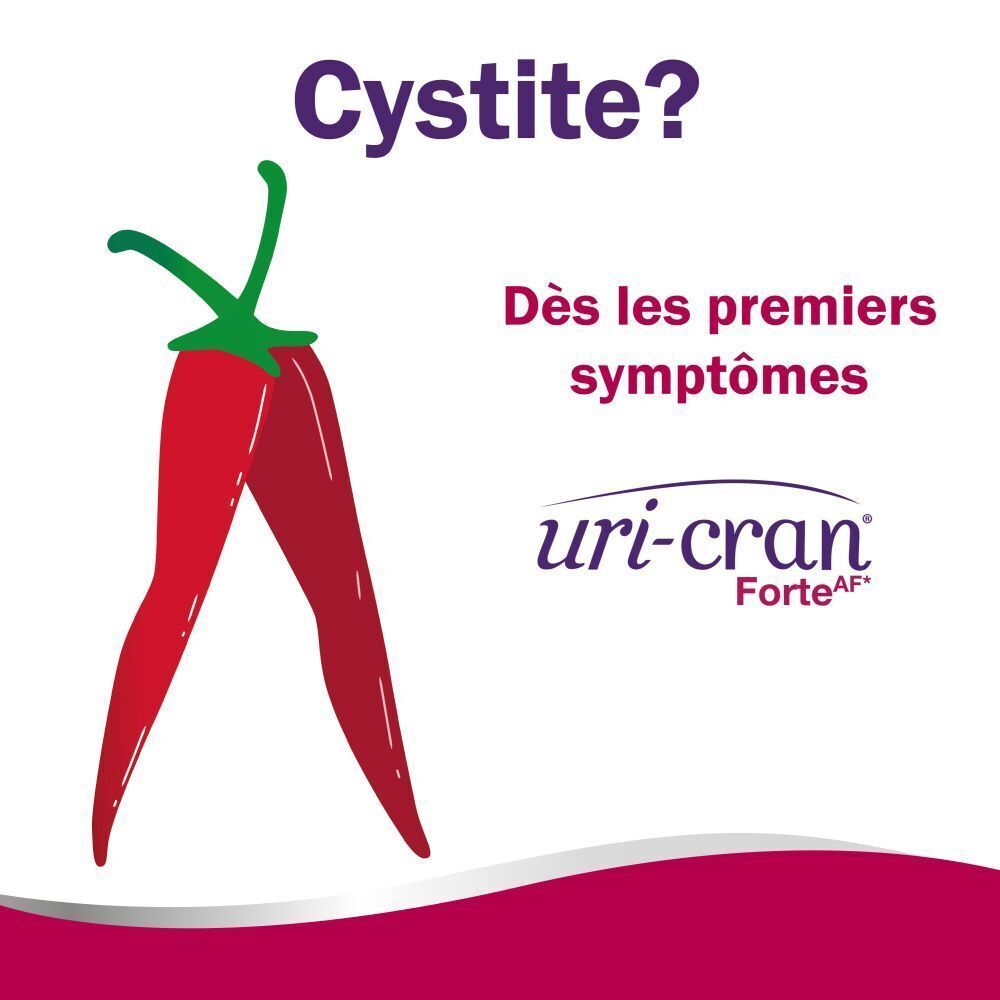 Illustration d'un piment avec des jambes. Texte : Cystite ? Dès les premiers symptômes. Logo Uri-Cran Forte.