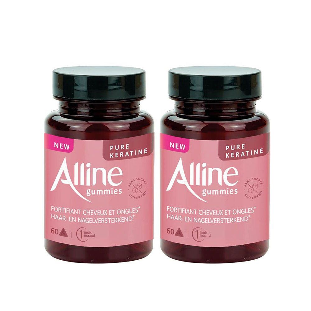 Deux flacons de Alline Gummies avec couvercles noirs. Inscription : Pure Keratin, 60 unités. Cercle jaune avec "1+1".