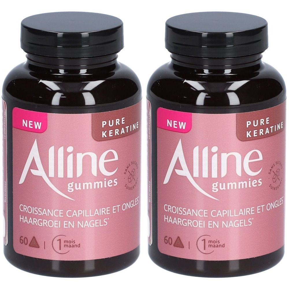 Deux flacons de Alline Gummies. Étiquette rose avec texte blanc. Bouchon noir. Inscription : Pure Keratin, croissance capillaire.