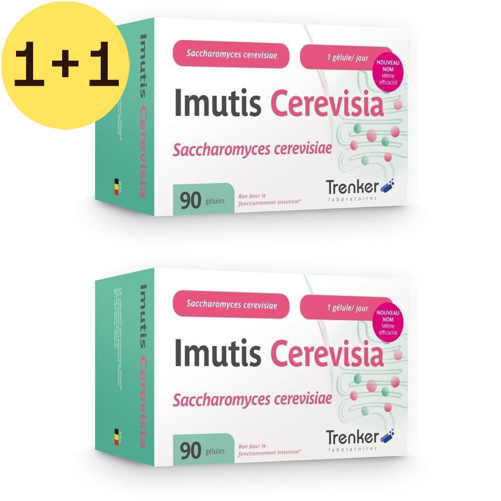 Deux boîtes Cerevisia avec inscription 1+1 GRATUIT. Inscription: Saccharomyces cerevisiae, 90 gélules. Marque Trenker.