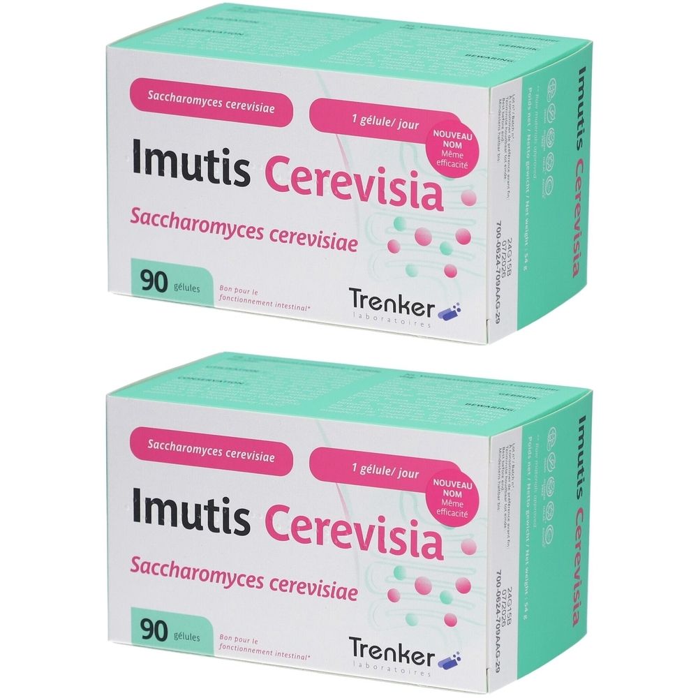 Deux boîtes Imutis Cerevisia. Inscription: Saccharomyces cerevisiae, 90 gélules, 1 gélule par jour. Marque Trenker.
