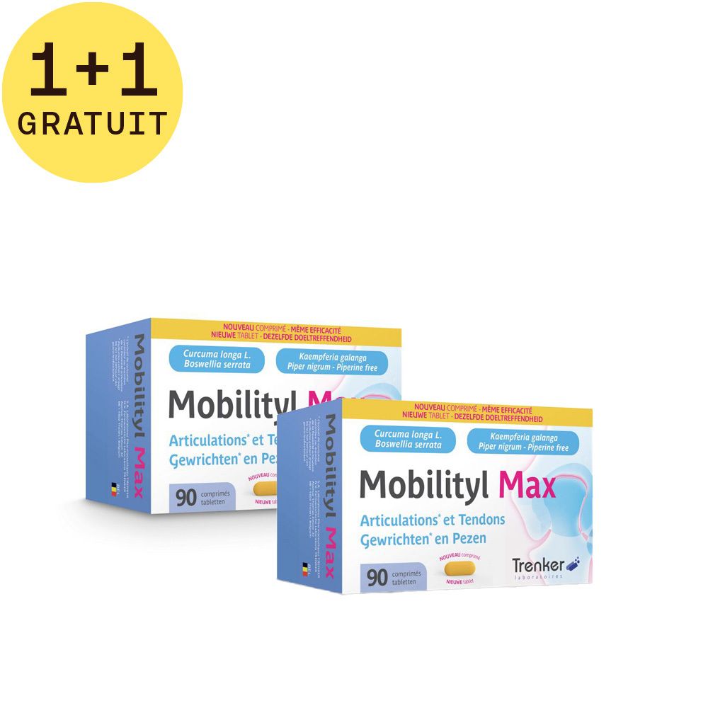 Deux boîtes de Mobilityl Max avec l'inscription 1+1 gratuit. Emballage bleu et blanc avec nom du produit et ingrédients. 90 comprimés.