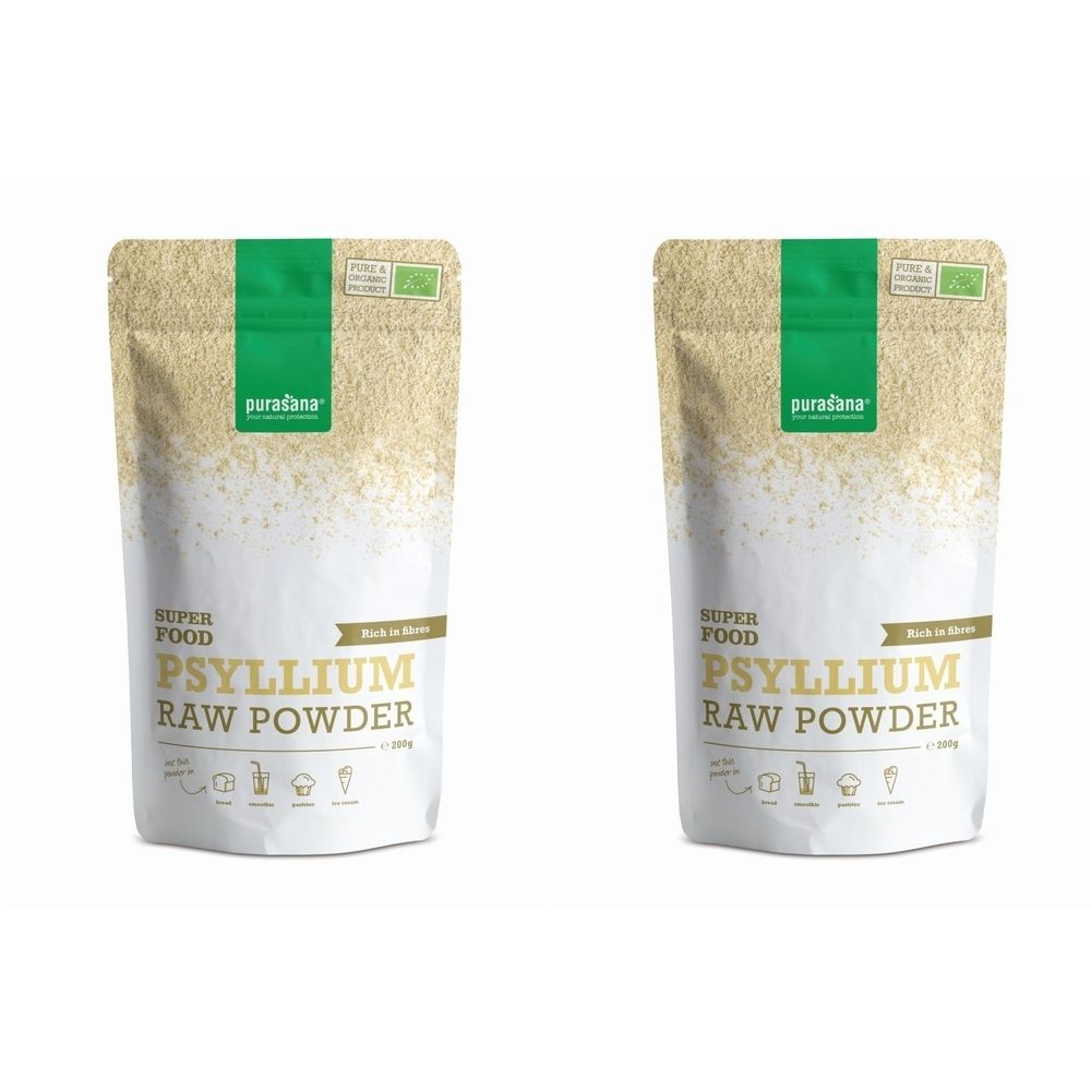 Deux paquets de poudre de psyllium, emballage vert et blanc, avec l'inscription '1+1 GRATUIT'.