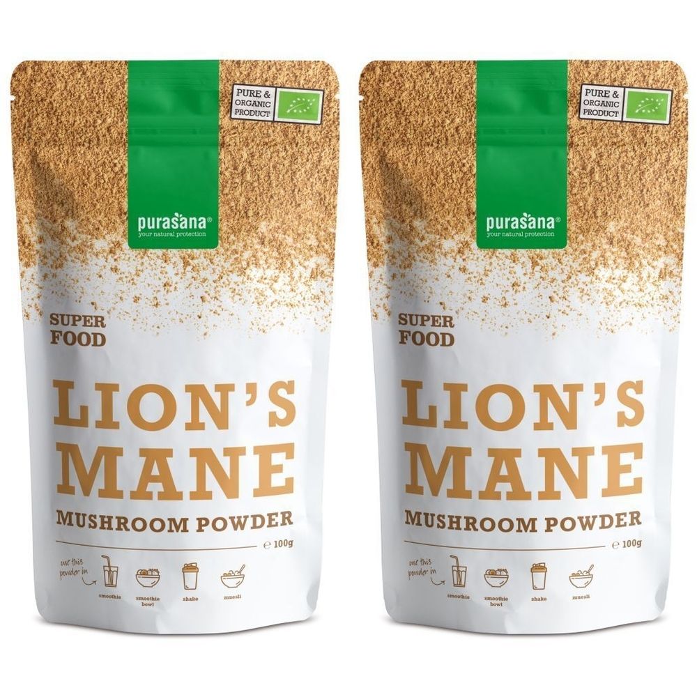 Deux sachets de Purasana Lion's Mane Poudre. Inscription: 1+1 GRATUIT. Label bio. Texte: SUPER FOOD, LION'S MANE MUSHROOM POWDER.