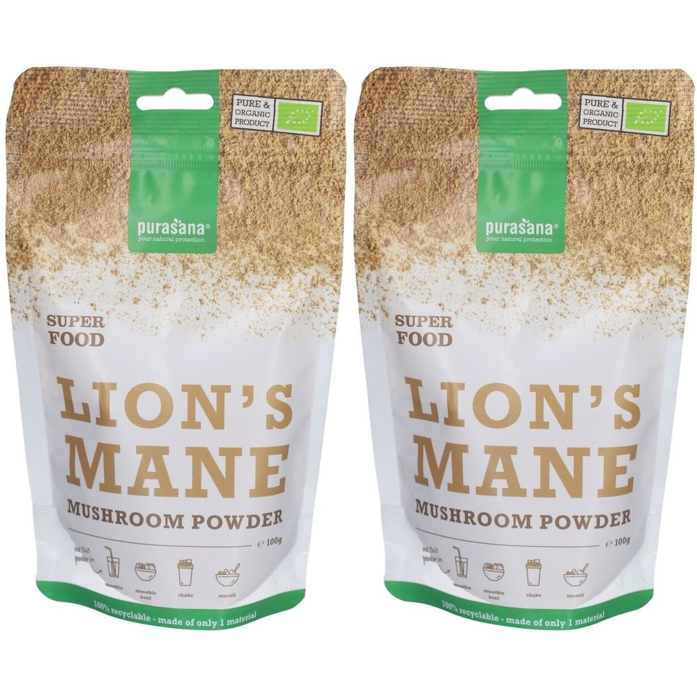 Deux sachets de Purasana Lion's Mane Poudre. Label bio en haut. Inscription: Lion's Mane Mushroom Powder. Emballage vert et blanc.