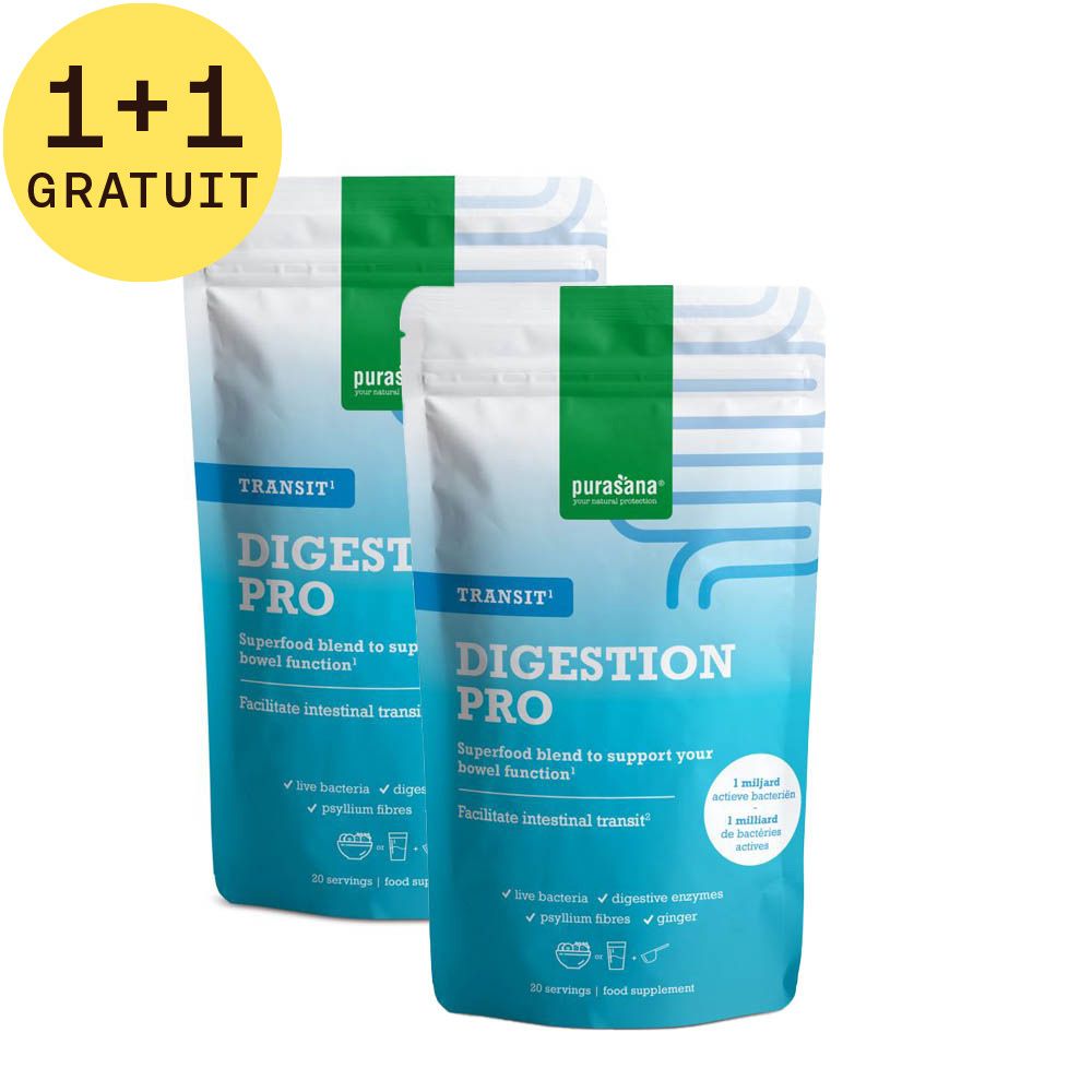 Deux sachets de Purasana Digestion Pro Transit Pulver. Design vert et blanc avec nom et ingrédients. Offre 1+1 gratuite.