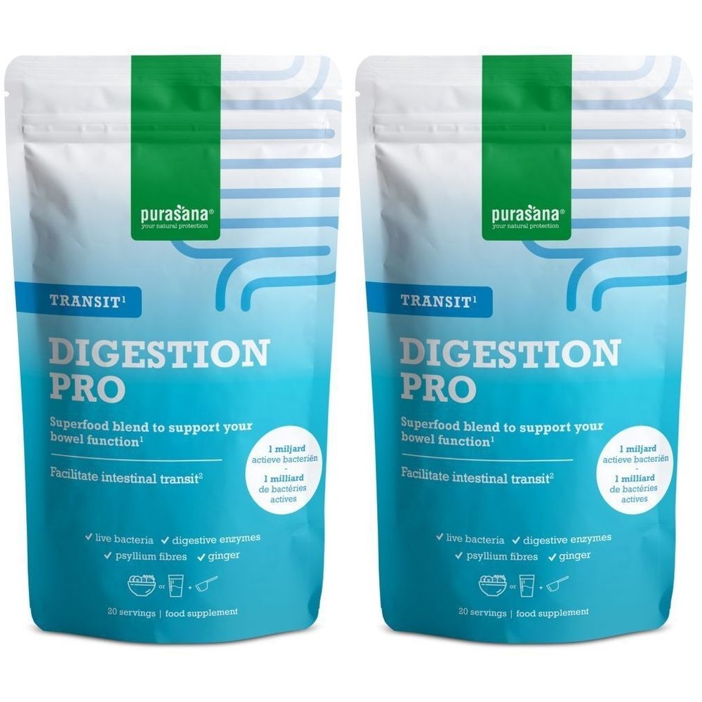Deux sachets de Purasana Digestion Pro Transit Pulver. Design vert et blanc avec nom et ingrédients. 30 portions.