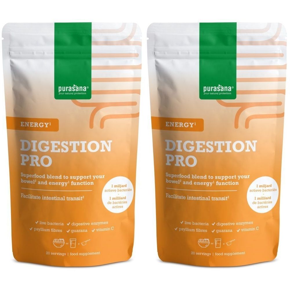 Deux sachets Purasana Digestion Pro. Design orange et blanc avec partie supérieure verte. Texte: Digestion Pro, Energy, mélange de superaliments, 1 milliard de bactéries.