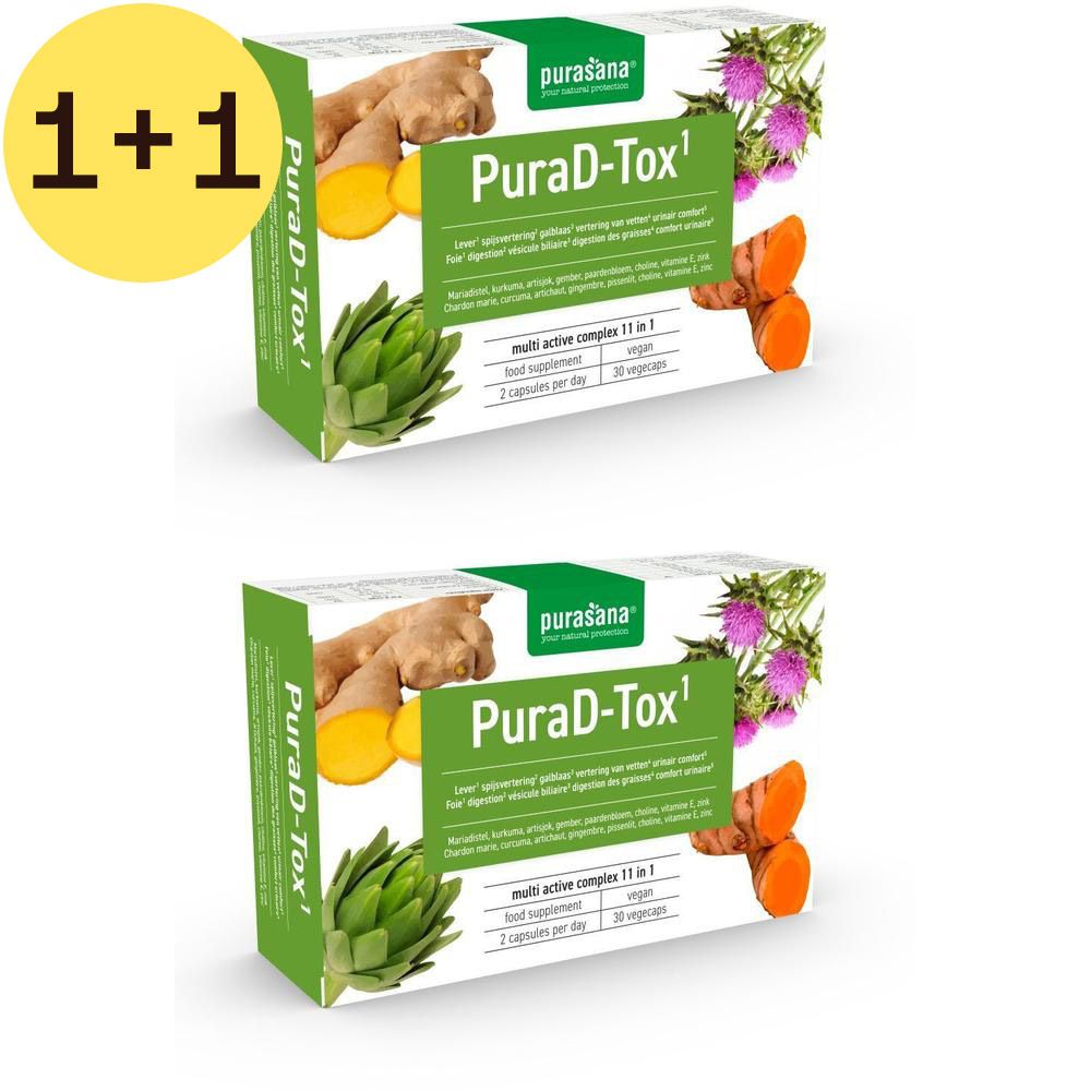Deux boîtes PuraD-Tox. Inscription '1+1 GRATUIT'. Illustration avec artichaut, curcuma et chardon-marie.