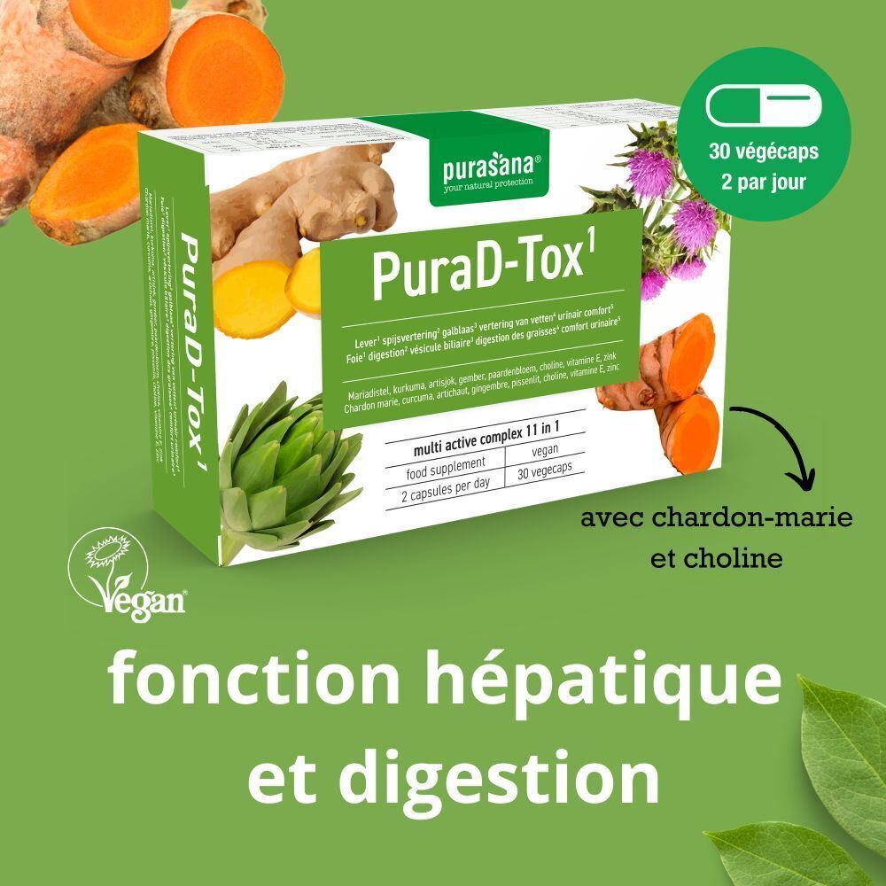 Boîte PuraD-Tox avec artichaut, curcuma et chardon-marie. Inscription '30 Végécaps 2 par jour'.