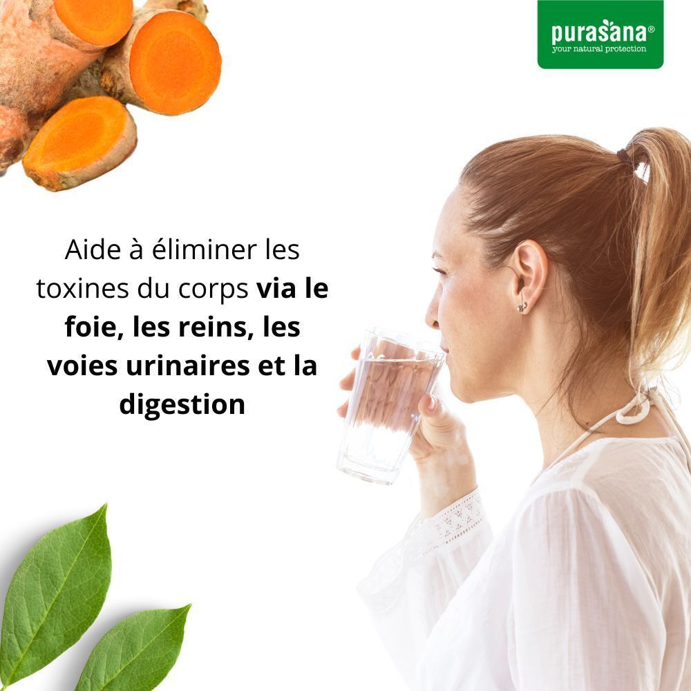 Femme buvant de l'eau. Texte: 'Aide à éliminer les toxines du corps via le foie, les reins, les voies urinaires et la digestion'.