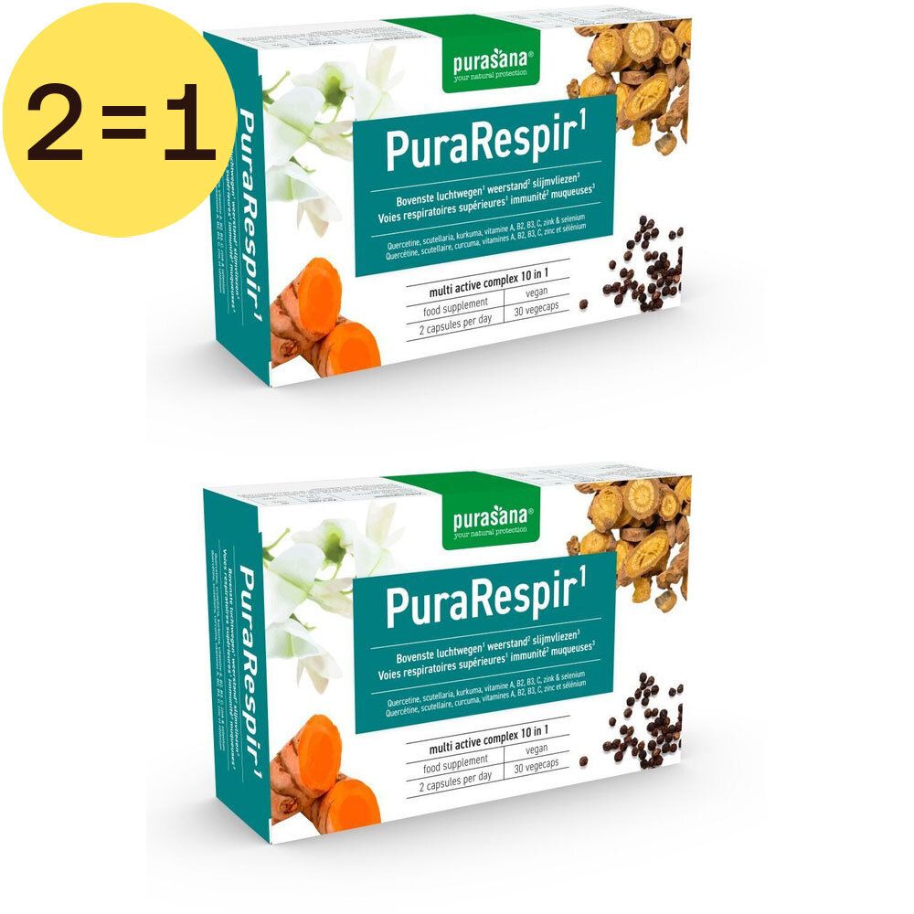 Deux boîtes Purasana PuraRespir1. Inscription 2=1 GRATUIT. Emballage vert et blanc avec nom du produit et ingrédients.