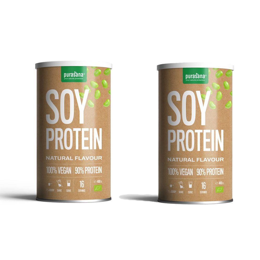 Deux boîtes de Purasana Soy Protein, emballage marron, texte : Soy Protein, Natural Flavour, 1+1 gratuit.