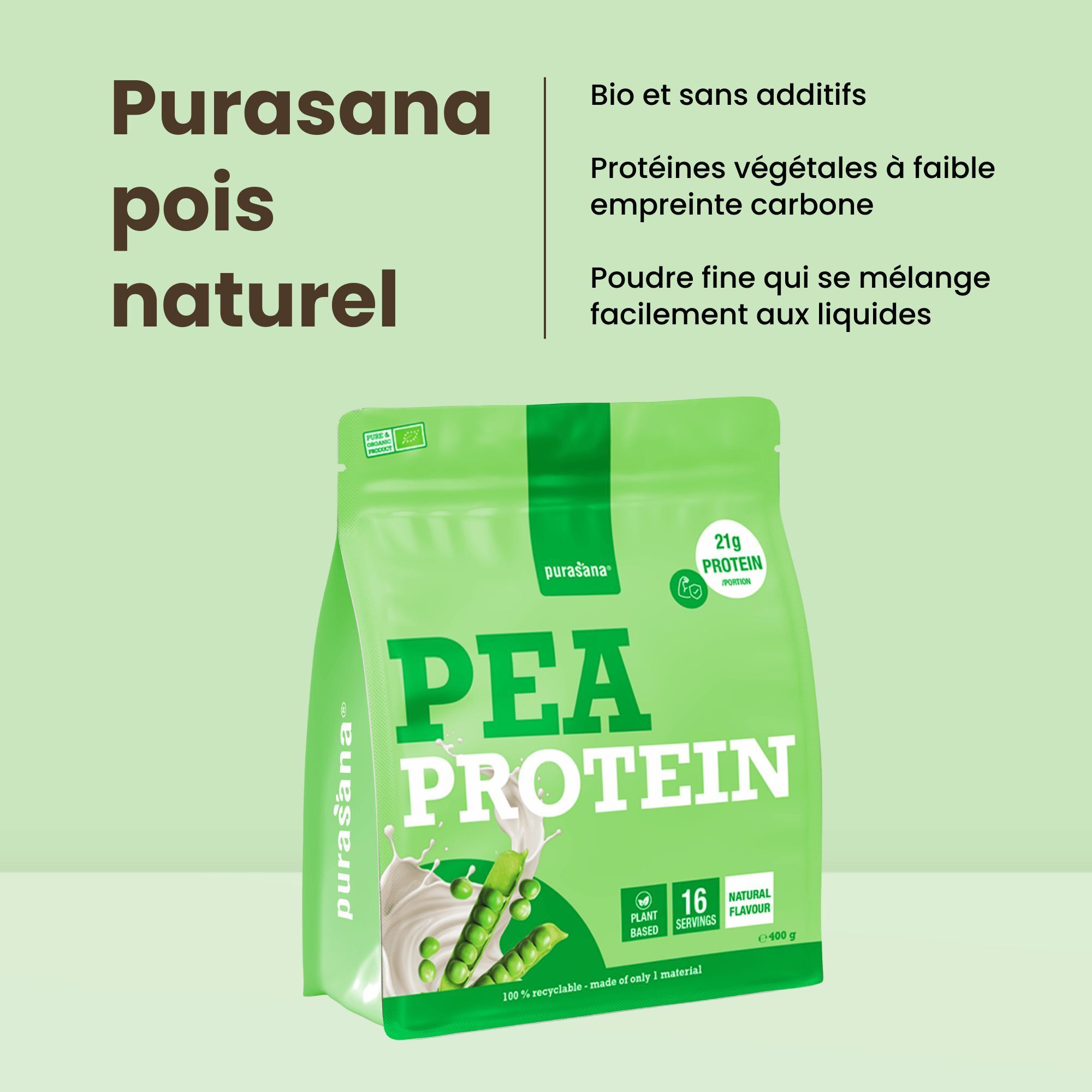 Un sachet de Purasana Erbsenprotein, saveur naturelle, avec indications sur le bio et la durabilité.