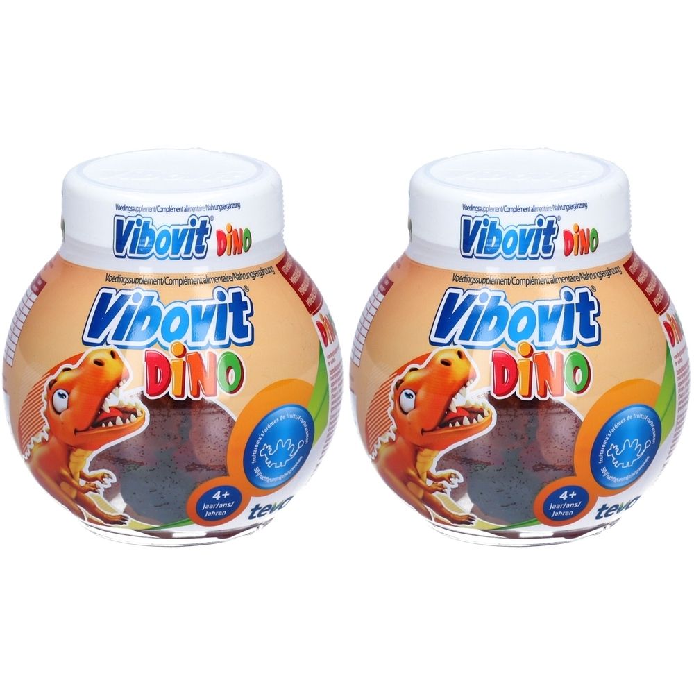 Deux flacons de Vibovit Dino. Chaque flacon présente un dinosaure orange. Inscription : Vibovit Dino, 4+.