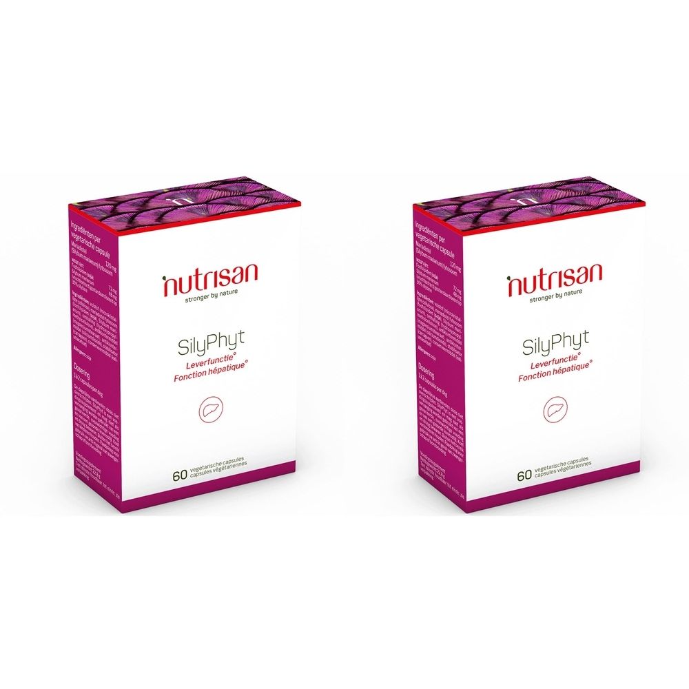 Deux boîtes Nutrisan Silyphyt. Inscription: Fonction hépatique, 60 gélules. Autocollant 1+1 gratuit.