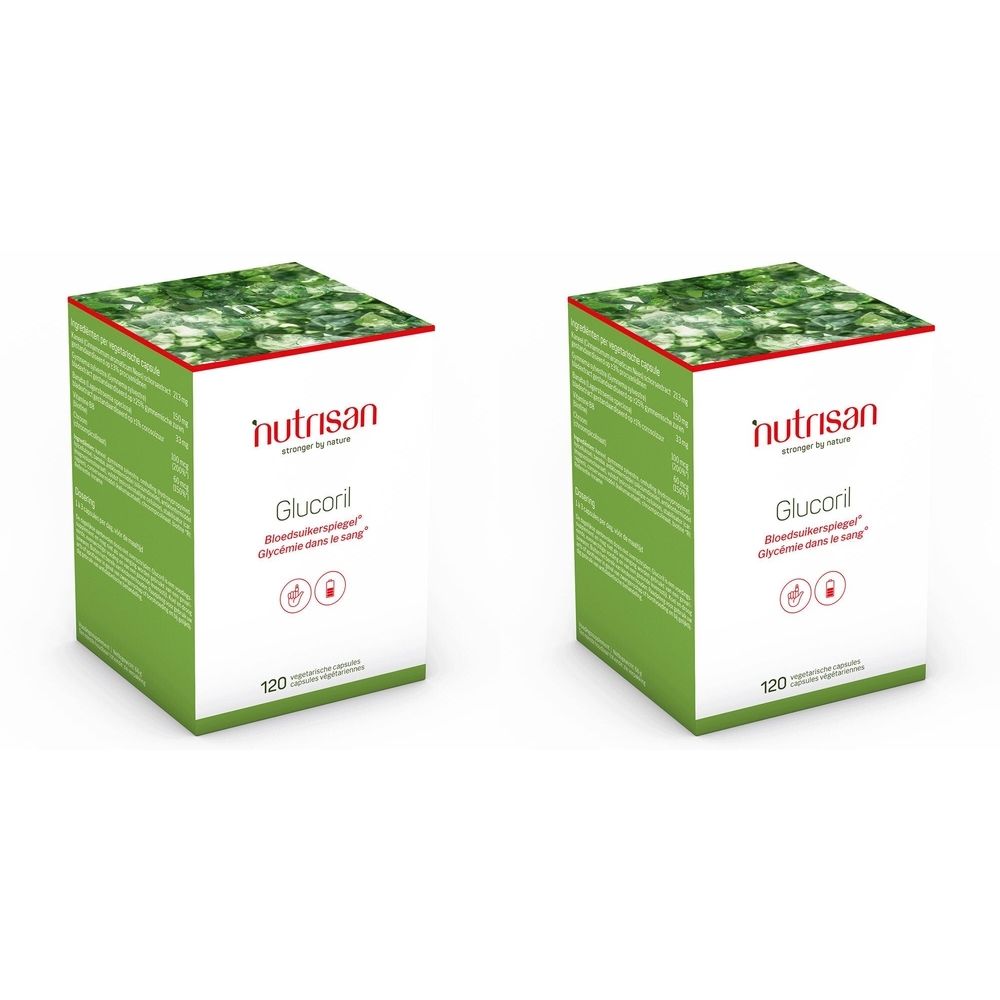 Deux boîtes vertes avec face blanche. Inscription: Nutrisan Glucoril, 120 capsules. Dessus: motif vert.