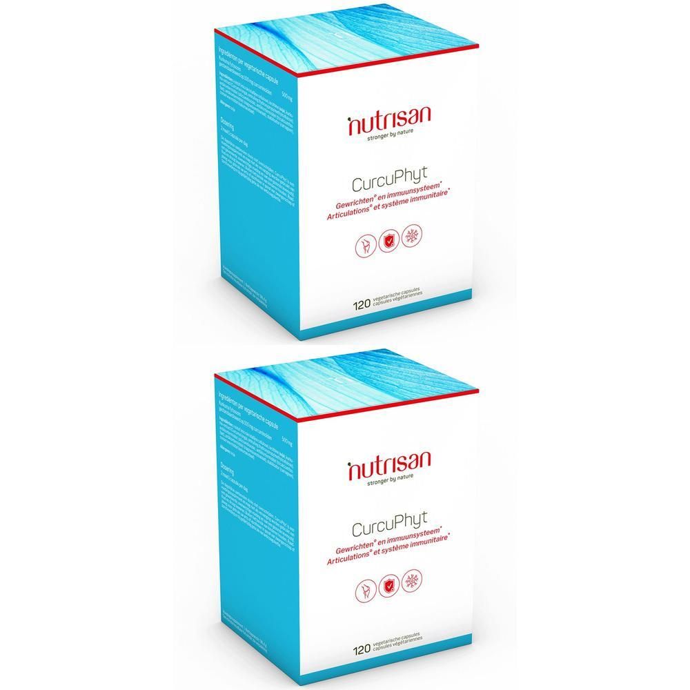 Deux boîtes blanches, couvercle bleu, ligne rouge. Inscription: Nutrisan CurcuPhyt, 120 capsules. Logos.