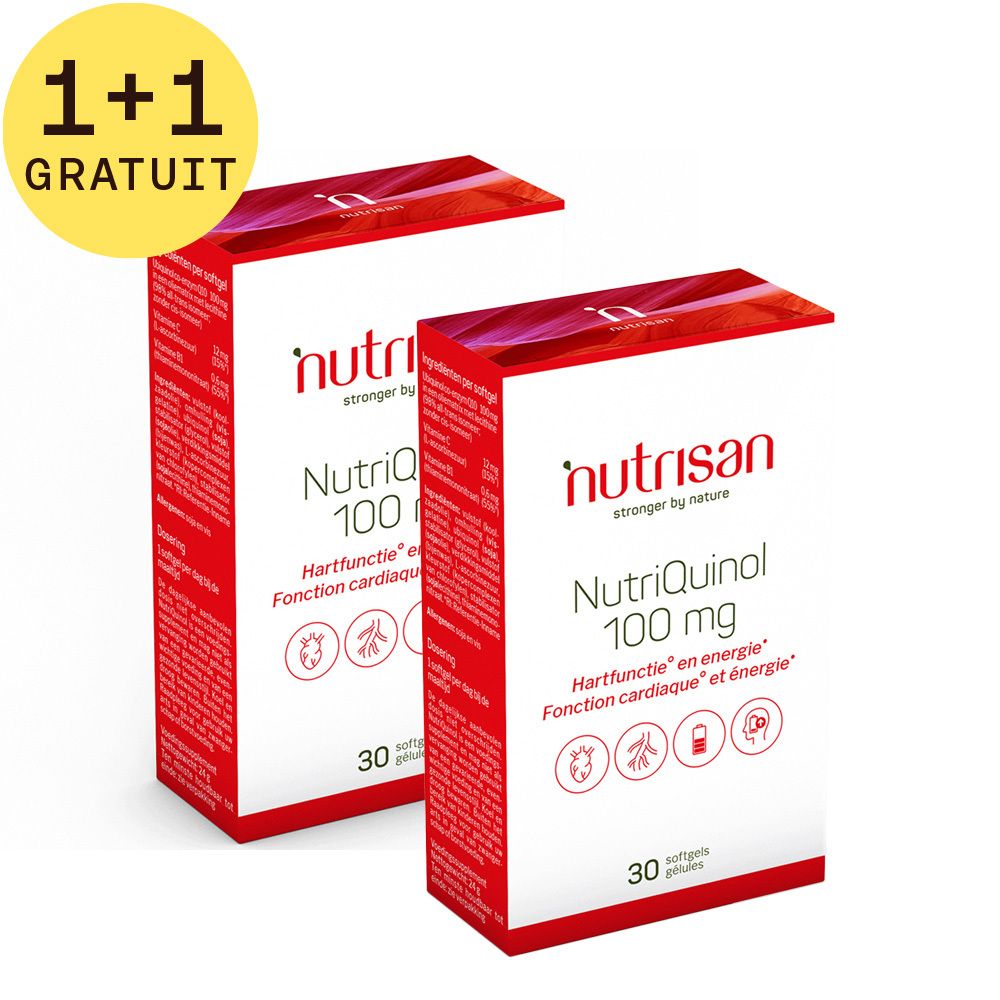 Deux boîtes rouges avec texte blanc. Inscription: Nutrisan, Nutriquinol 100 mg, 30 gélules. Avec autocollant jaune: 1+1 GRATUIT.