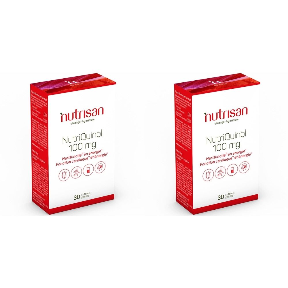 Deux boîtes rouges avec texte blanc. Inscription: Nutrisan, Nutriquinol 100 mg, 30 gélules. Symboles pour fonction cardiaque et énergie.