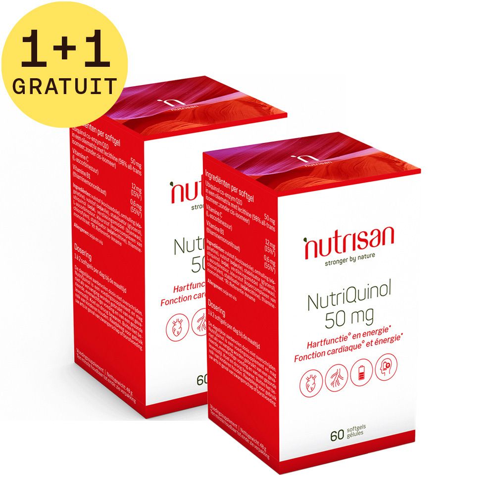 Deux boîtes rouges avec texte blanc. Inscription: Nutrisan, NutriQuinol 50 mg, 60 gélules. Avec autocollant jaune: 1+1 GRATUIT.