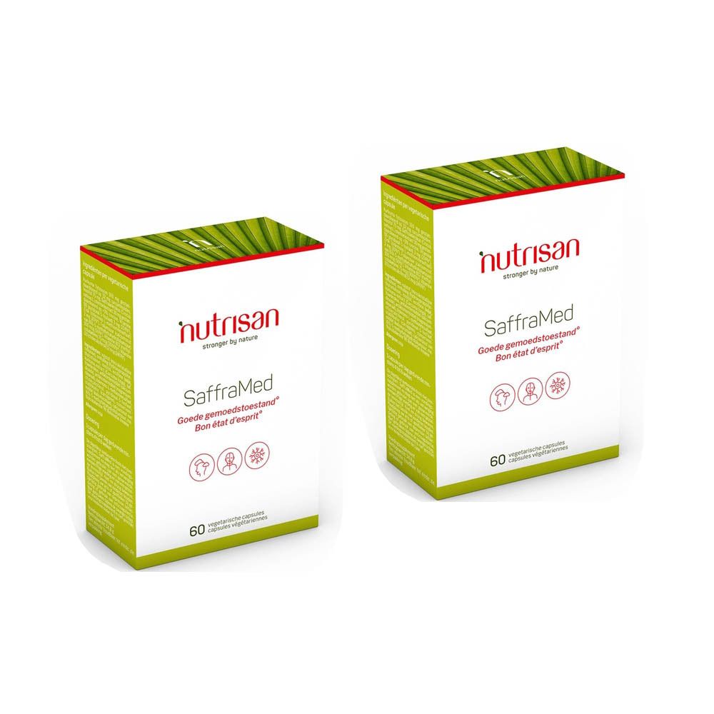 Deux boîtes de Nutrisan SaffraMed. Inscription 1+1 GRATUIT. Chaque boîte contient 60 capsules. Logo Nutrisan.