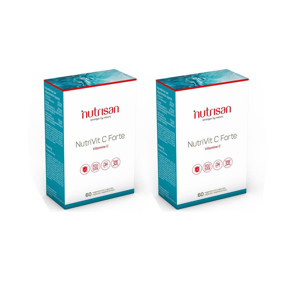 Deux boîtes blanches avec texte rouge et bleu. Inscription: Nutrisan NutriVit C Forte. 1+1 GRATUIT. Capsules.